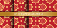 Set Of Red Christmas Seamless Pattern With Ornament. Good For Covers, Fabrics, Postcards And Printing. Vector Illustration.