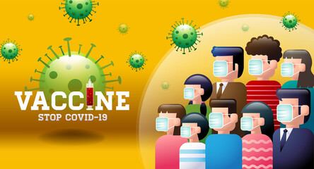 Wall Mural - Vaccine, Stop Covid-19, mask, social distancing, group immunity, vector illustration.