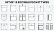 Patch pocket flat sketch vector illustration set, different types of Clothing Pockets for jeans pocket, denim, sleeve arm, cargo pants, dresses, garments, Clothing and Accessories