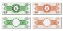 A Set Of Fictional Paper Money Of England. Obverse And Reverse Of 5 And 10 Pounds Banknotes Or Certificates
