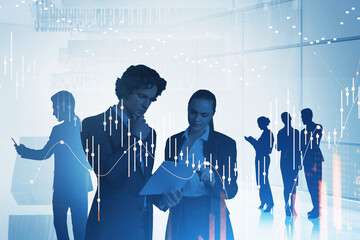 Poster - Business people analysing paper report, candlesticks changes and teamwork