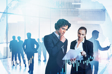 Poster - Business people analysing paper report, candlesticks changes and teamwork