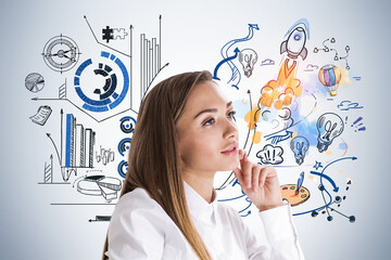 Wall Mural - businesswoman dreaming about future career opportunities, colour