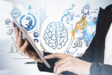 Wall Mural - woman hands with tablet, sketch with brain, analytical and creative thinking