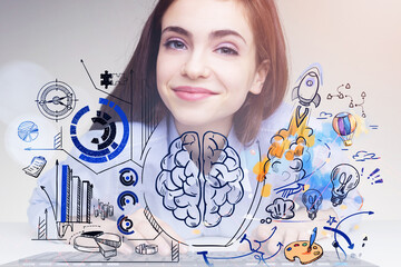 Wall Mural - woman student smiling, sketch with analytical and creative thinking