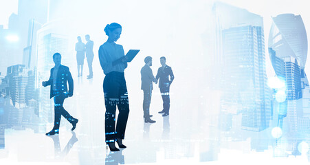 Poster - Business Woman check her notes in tablet device. Silhouettes of business partners, double exposure of people, office interior and skyscrapers on background. Concept of corporate business