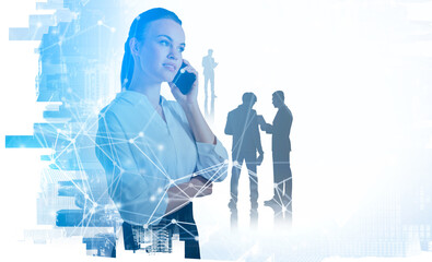 Poster - Businesswoman calling on the phone, office buildings and people working