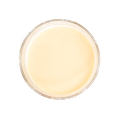 Soy milk in glass on a white background, Top View 