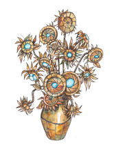 Watercolor Illustration Steampunk Bouquet Of Mechanical Sunflowers In A Bronze Vase On A White Background
