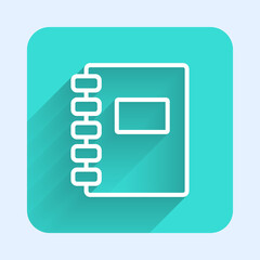 Poster - White line Notebook icon isolated with long shadow. Spiral notepad icon. School notebook. Writing pad. Diary for school. Green square button. Vector