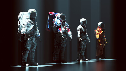 Wall Mural - astronauts lined up with black visor with top down lighting 3d illustration