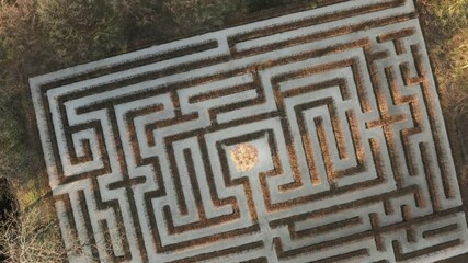 Geometrical background, top down view of a symmetrical labirynth. Aerial shot of a green maze, path and challenge concept.
