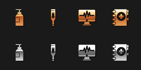 Sticker - Set Hand sanitizer bottle, Medical digital thermometer, Monitor with cardiogram and clipboard icon. Vector