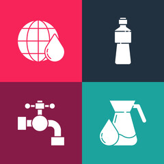 Sticker - Set pop art Jug glass with water, Water tap, Bottle of and Earth planet in drop icon. Vector