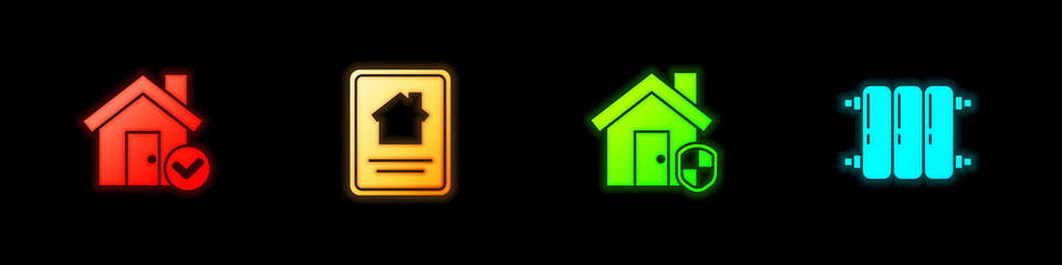 Sticker - Set House with check mark, Online real estate house, under protection and Heating radiator icon. Vector