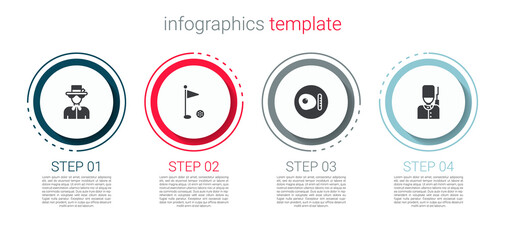 Wall Mural - Set Queen Elizabeth, Golf flag, British breakfast and soldier. Business infographic template. Vector