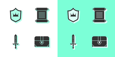 Poster - Set Antique treasure chest, Shield with crown, Medieval sword and Decree, parchment, scroll icon. Vector