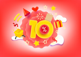 Poster - Ten percent shopping discount illustration with different market elements. 3d style vector illustration