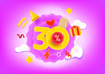 Aufkleber - Thirty percent shopping discount illustration with different market elements. 3d style vector illustration