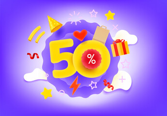Aufkleber - Fifty percent shopping discount illustration with different market elements. 3d style vector illustration