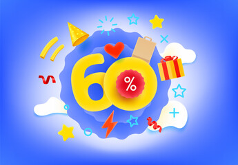 Aufkleber - Sixty percent shopping discount illustration with different market elements. 3d style vector illustration
