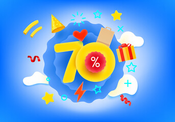 Aufkleber - Seventy percent shopping discount illustration with different market elements. 3d style vector illustration