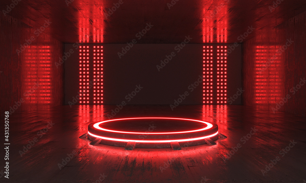 Futuristic Sci Fi Empty Red Stage neon. 3d rendering - obrazy, fototapety, plakaty 
