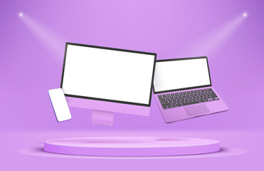 Poster - Modern violet smartphone, laptop and desktop computer with blank screens. Levitation effect