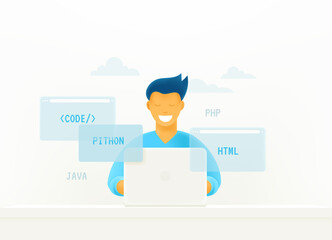 Poster - Web deloper at work. 3d style cute isometric vector illustration