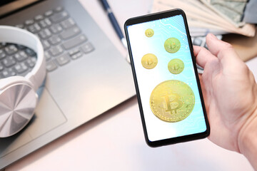 Poster - Businessman using a smartphone and working on cryptocurrency and and digital currency money concept
