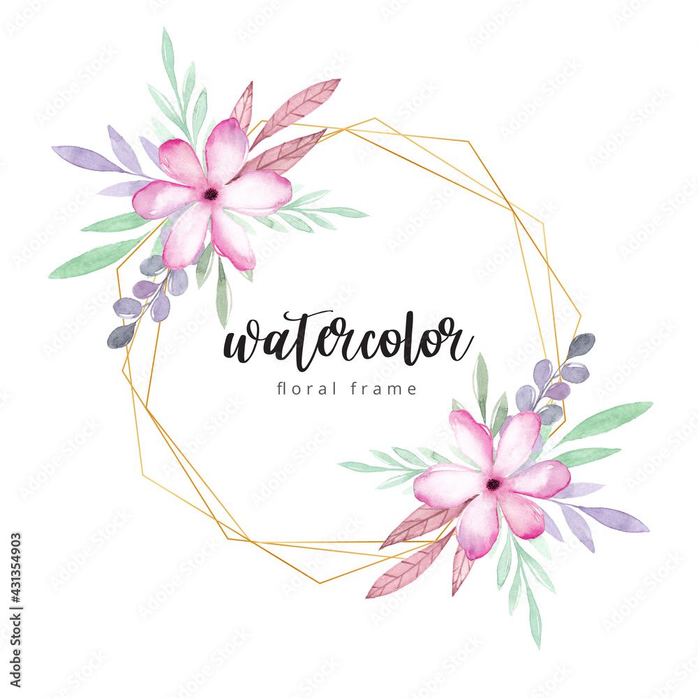 Watercolor floral frame with gold border Stock Illustration | Adobe Stock