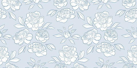 Poster - Blue and white peonies, seamless repeat pattern vector background