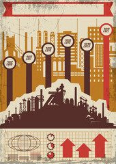 industrial infographic template, retro propaganda posters stylization, factories, plants, constructi