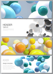 Poster - Vector layout of headers, banner templates for website footer design, horizontal flyer design, website header backgrounds. Realistic vector background with multicolored 3d spheres, bubbles, balls.