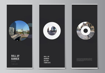 Wall Mural - Vector layout of roll up mockup templates for vertical flyers, flags design templates, banner stands, advertising design mockups. Background template with rounds, circles for IT, technology.