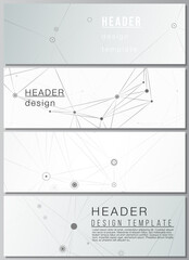Poster - Vector layout of headers, banner templates for website footer design, horizontal flyer design, website header backgrounds. Gray technology background with connecting lines and dots. Network concept.