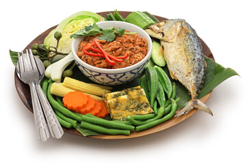 Wall Mural - nam phrik pla thu ; vegetables with short mackerel dipping paste , thai traditional salad