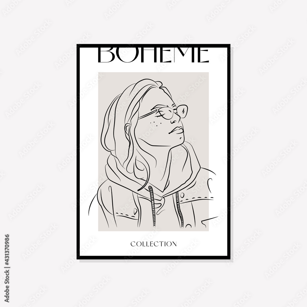 Bohemian wall art vector set. Feminine line art drawing with abstract ...