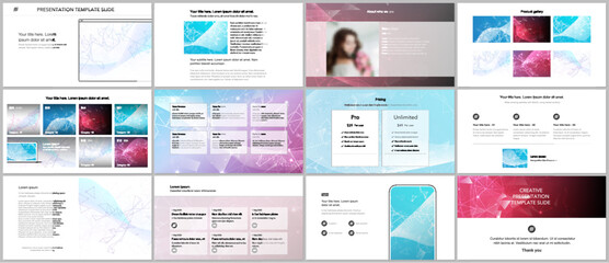 Wall Mural - Vector templates for website design, presentations, portfolio. Templates for presentation slides, flyer, leaflet, brochure cover, report. Polygonal science background with connecting dots and lines.