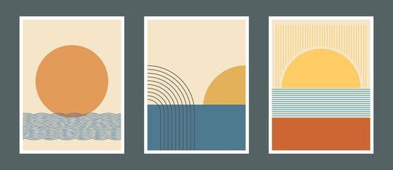 Poster - Set of abstract mid century posters composition vector design. Modern boho minimalist art. EPS10 vector illustration. Sun and water concept.