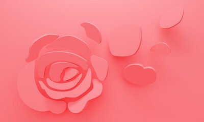 Poster - Delicate pink background with rose and flying petals. 3d rendering
