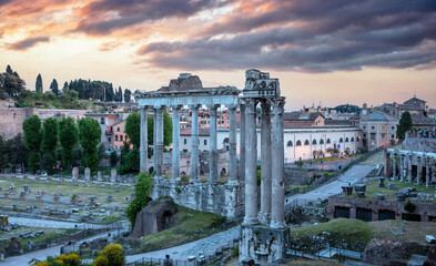 Wall Mural - Roman Forum, Rome Italy. Ancient remains, cloudy sky at sunset