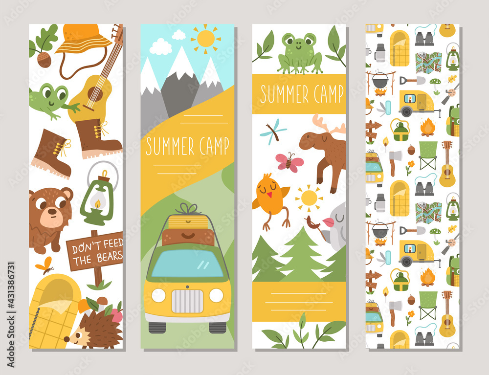 Cute set of Summer camp vertical cards with forest animals, camping ...