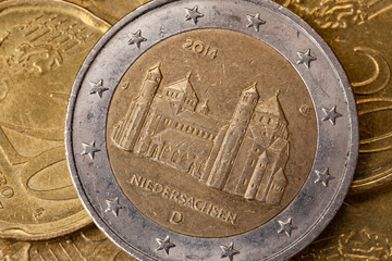 Series of macro shots of euro coins. Reverse of 2 Euro coin. Year of manufacture 2014. Country Germany. Special coinage, Niedersachsen