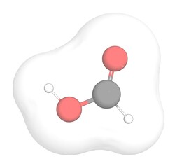 3D rendering of Formic Acid with white transparent surface over a white opaque background. Also called methanoic acid and formylic acid.