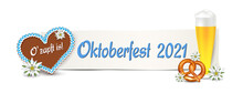 Oktoberfest 2021 Banner Mit Schild,
Lebkuchen Herz, Bier, Brezel Und Edelweiss, 
Vektor Illustration Isoliert Auf Weißem Hintergrund
