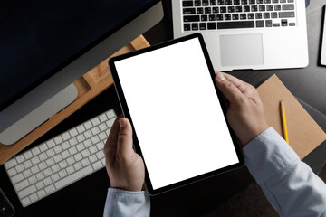Poster - hands holding digital Mock up tablet touch screen device isolated screen and tablet pc with blank white screen