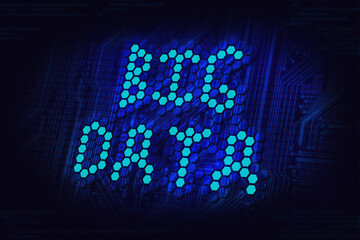 Wall Mural - big data visualization concept abstract background in dark blue neon style, big data inscription on circuit board