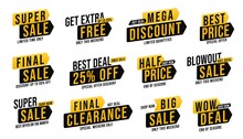 Super Sale Blowout Promotion Sticker Big Set With Wow Deal. Get Extra Free Up To 25 Percent Off Badge, Best And Half Price Label, Special Offer Discount Tag For Marketing Campaign Vector Illustration