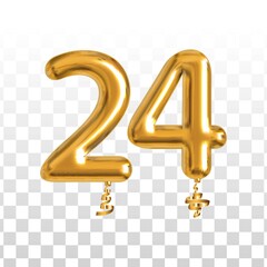 Wall Mural - Vector realistic isolated golden balloon number of 24 for invitation decoration on the transparent background.